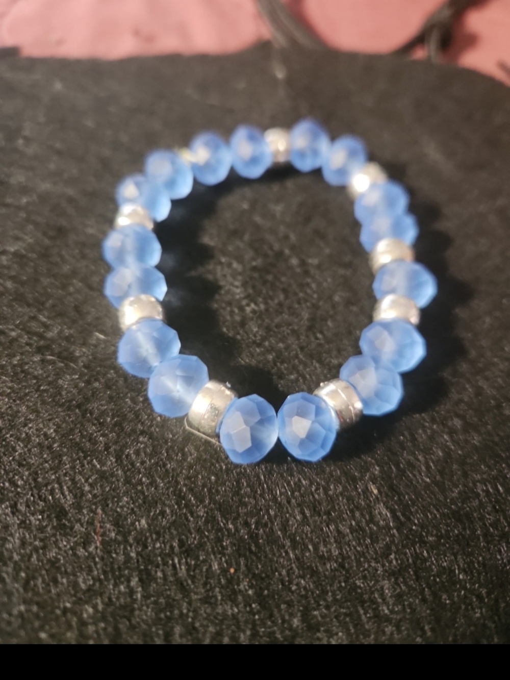 Hand Crafted Blue Faceted Bead Stretch Bracelet with Silver Spacers